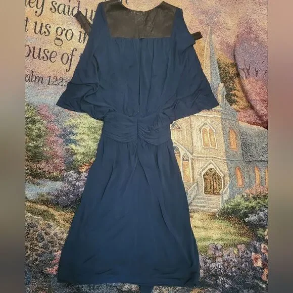 Yigal Azrouel Draped Leather Trim Cold Shoulder Designer Dress Blue 2 - Picture 10 of 13
